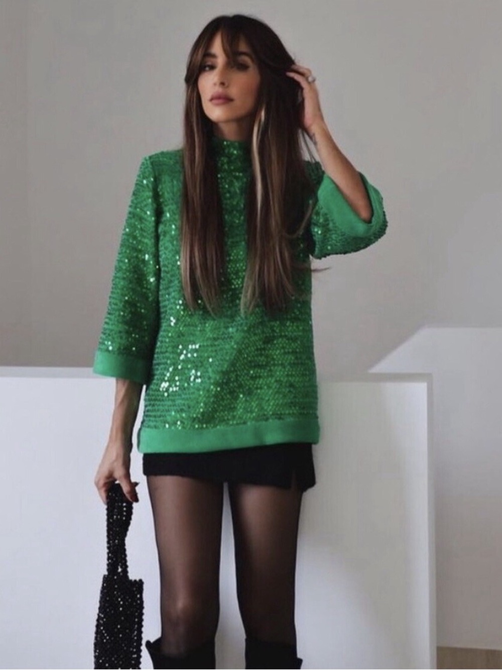 Zara Green Chenille Sequin Sweater Top